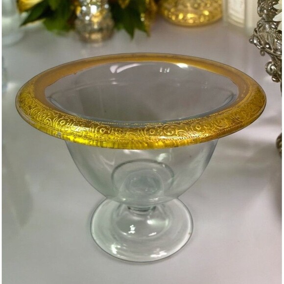Unmarked Other - Vintage Glass Footed Candy Bowl Gold Encrusted Rim Paint Scroll Crystal Compote